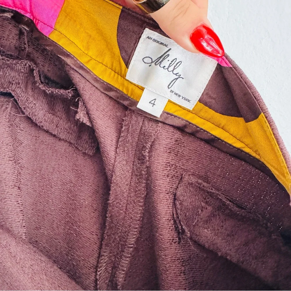 MILLY NEW YORK Mahogany Brown Mid Rise Wide Leg Textured Cotton Trousers Pants 4 - Picture 9 of 12